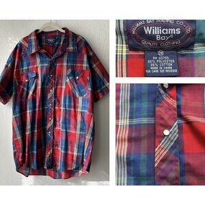 Vtg Pearl Snap Short Sleeve Shirt Red Blue Plaid Mens 2X Retro Western Summer
